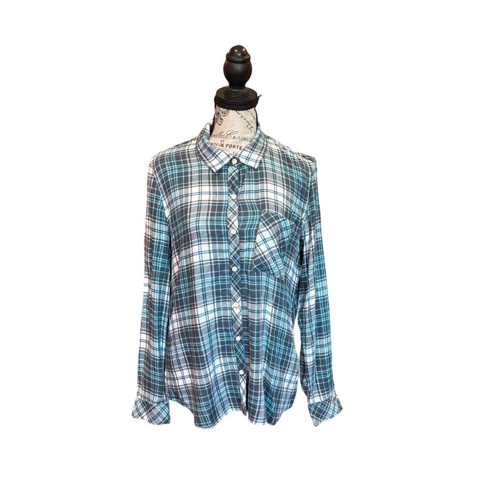 GAP‎ Womens Teal White Plaid Button Down Viscose Rayon Shirt Size L Long Sleeve